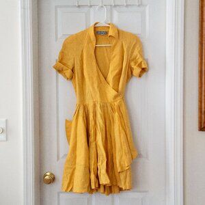 Fabulous Vintage Thierry Mugler Linen Wrap Dress in Yellow, Small (S) | EU 36